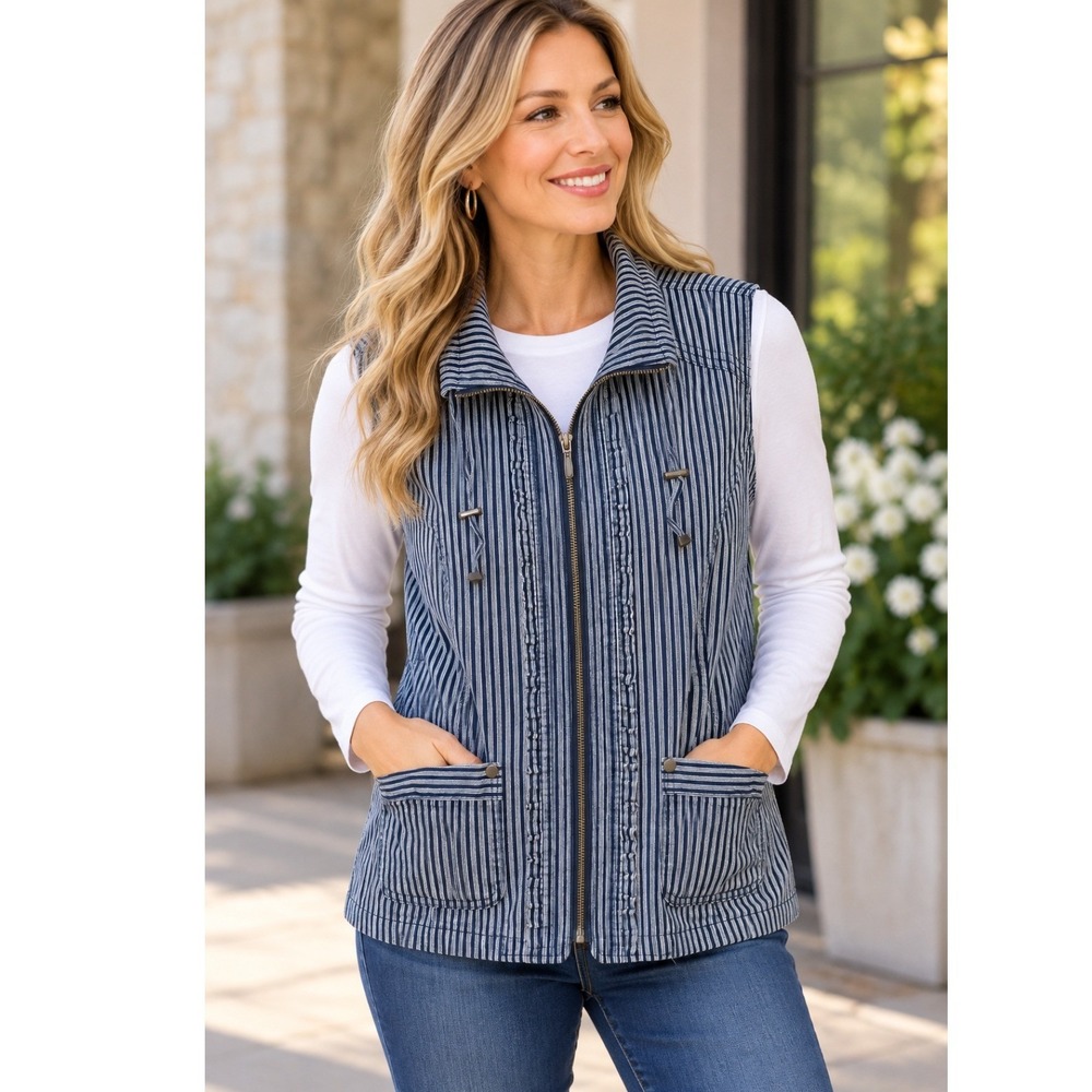 Christopher & Banks Vest L Blue White Hickory Striped Ruffle Zip Front Pockets